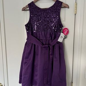 Girls Purple Sequin Plus Size Party Dress with Tie